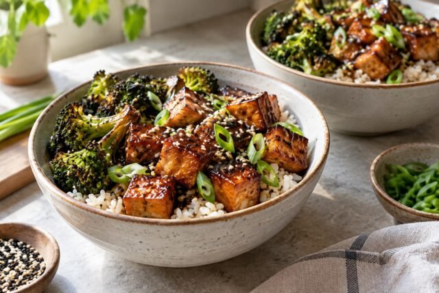 Maple Miso Tofu Rice Bowls with Roasted Broccoli