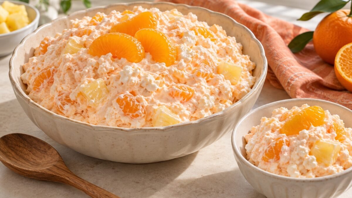 AI-generated illustration of spoonable pale orange cottage cheese jello salad with mandarin orange segments and small pineapple pieces in a ceramic bowl.
