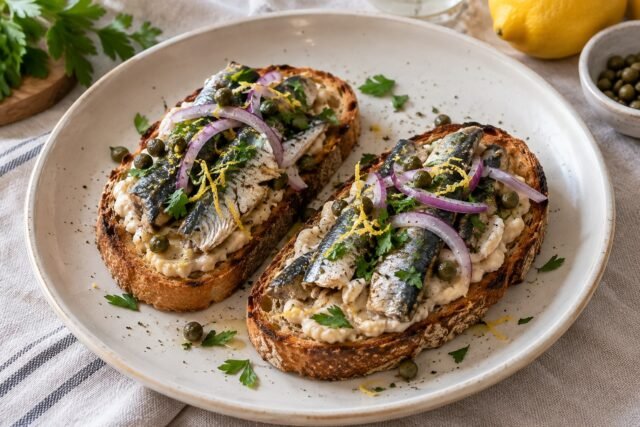 Lemon Sardine Toast with Capers and Parsley