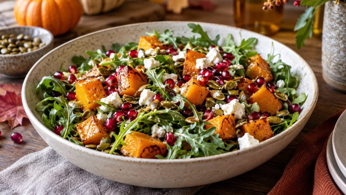 Roasted butternut squash and feta salad with pomegranate