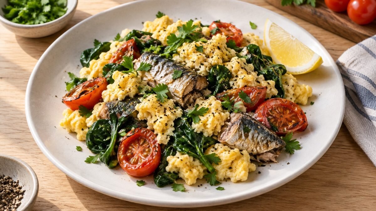 AI-generated illustration of cooked scrambled eggs, sardine flakes, spinach and cherry tomatoes on a white plate with a lemon wedge.