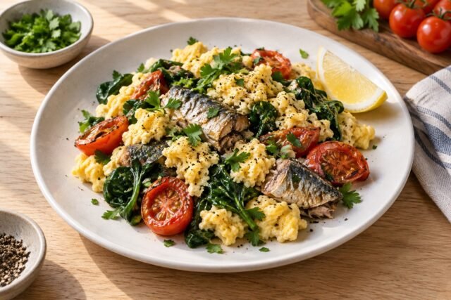 Sardine Breakfast with Eggs, Spinach and Tomatoes