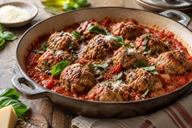 Skillet Turkey Meatballs in Tomato Sauce