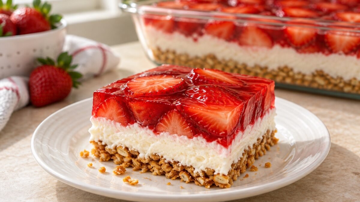 AI-generated illustration of a strawberry pretzel salad square with a golden pretzel crust, white cream cheese layer and red strawberry gelatin topping.